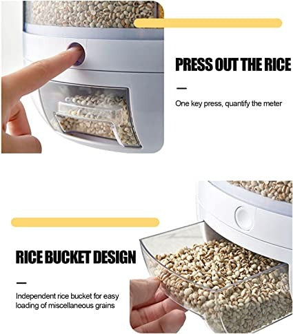 Rotating Rice Dispenser 6-Grids Rice Cereal Grains Storage Container, One-Click Rice Output