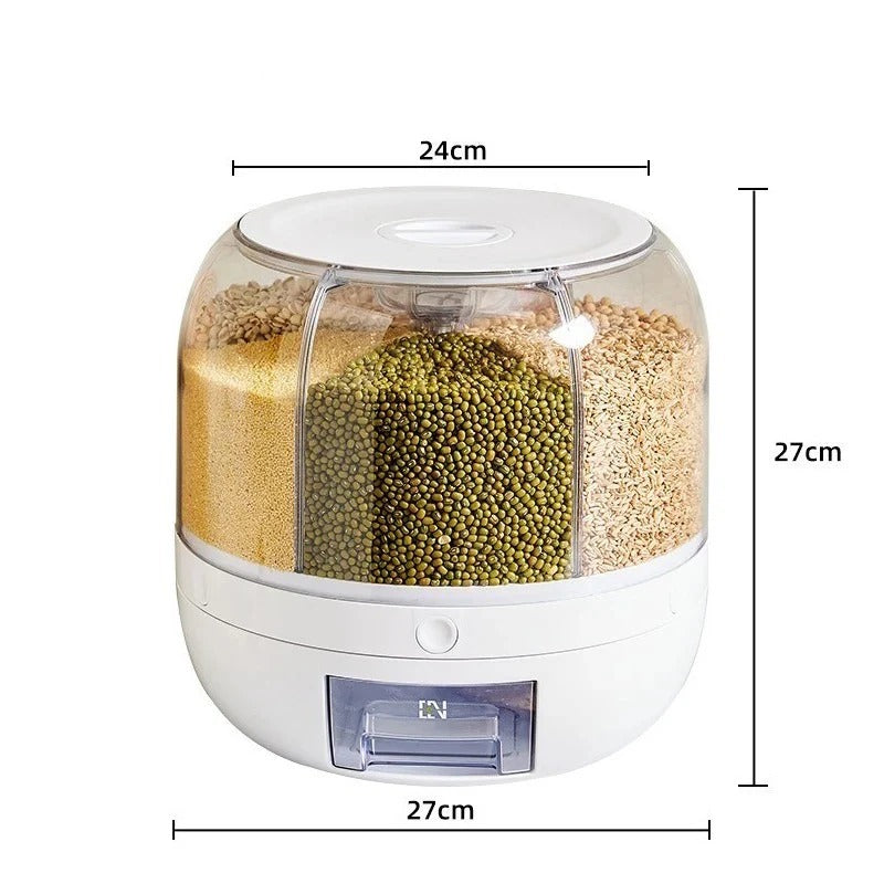 Rotating Rice Dispenser 6-Grids Rice Cereal Grains Storage Container, One-Click Rice Output
