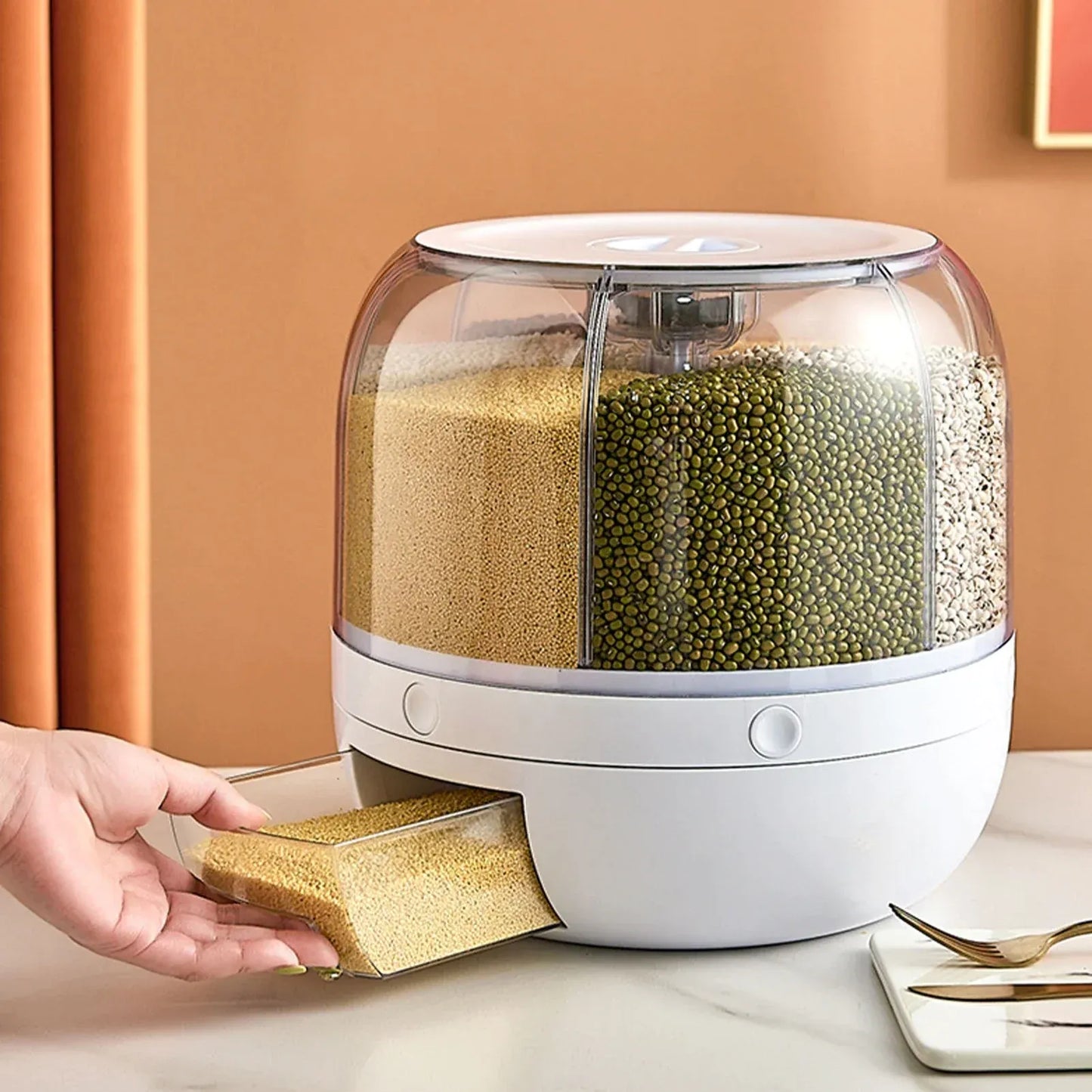 Rotating Rice Dispenser 6-Grids Rice Cereal Grains Storage Container, One-Click Rice Output