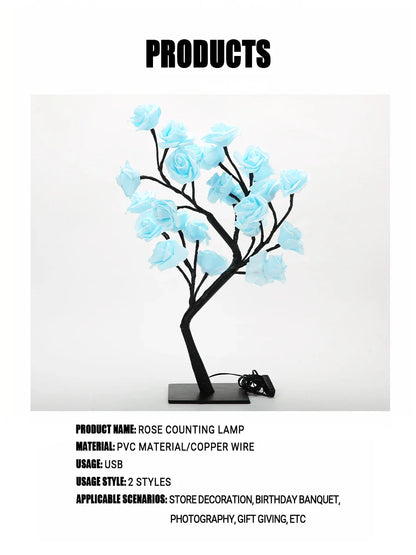 24 LED Rose Tree Light – USB Powered Fairy Flower Lamp for Bedroom, Home, Wedding, and Holiday Decoration