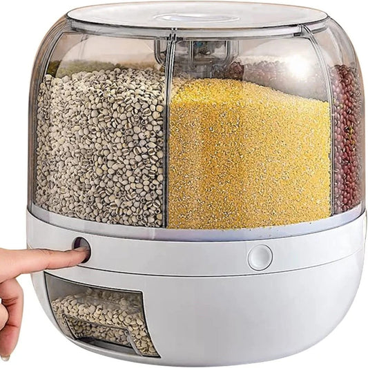Rotating Rice Dispenser 6-Grids Rice Cereal Grains Storage Container, One-Click Rice Output